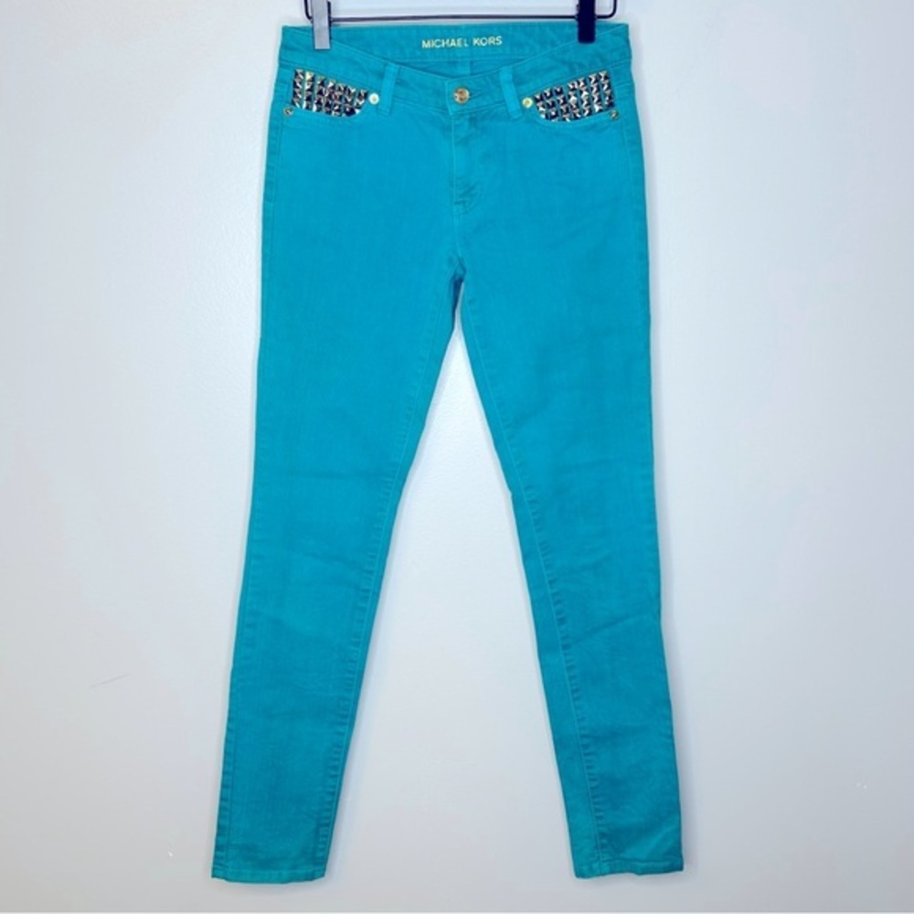 Michael Kors Aqua Blue Gold‎ Studded Skinny Jeans Size 0